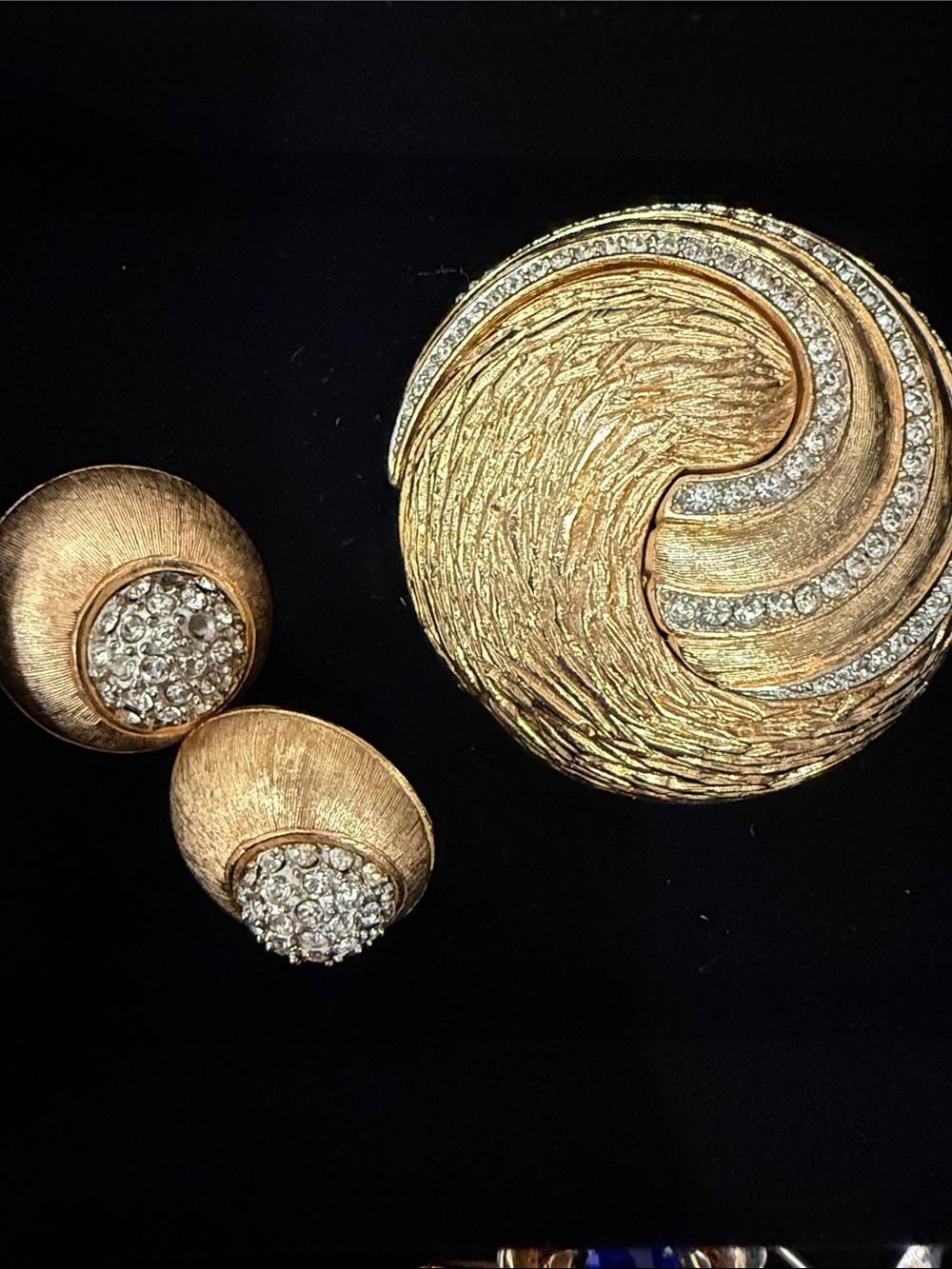 Vintage Kramer Gold Textured Swirl Brooch and Crystal Clip-On Earrings - Gold